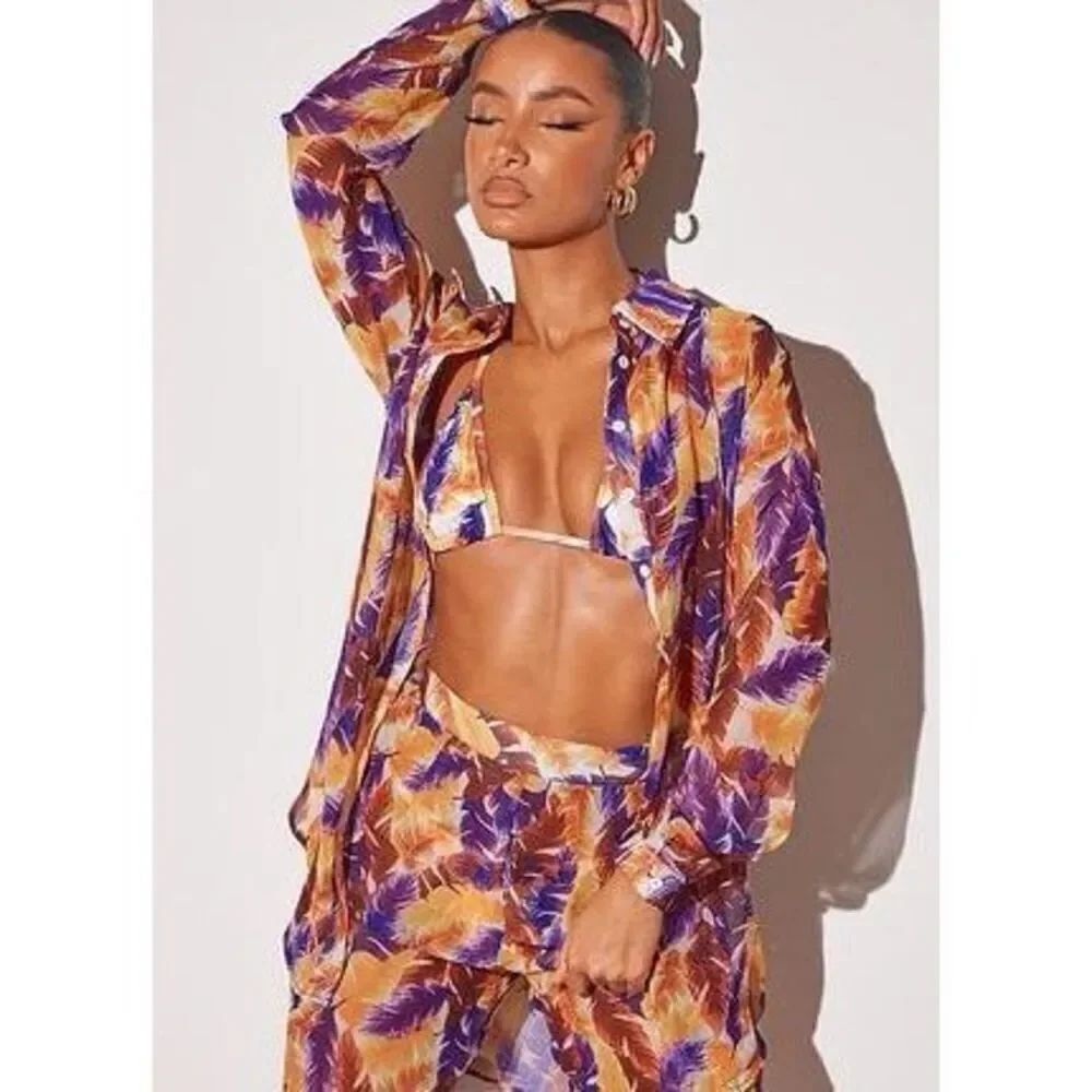 PrettyLittleThing Purple Leaf Print Oversized Sheer Button Up Beach Shirt 12 NWT